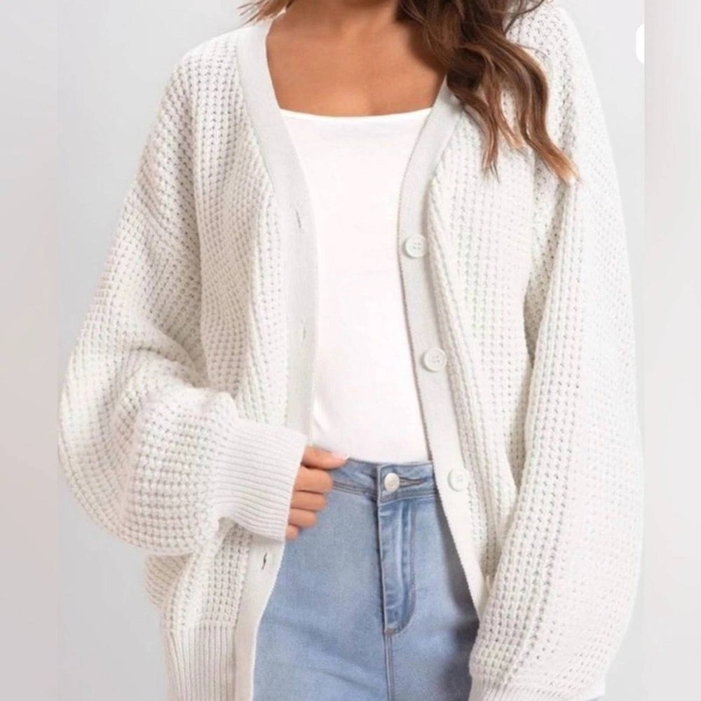 Qualfort‎ Cardigan Sweater Womens Large White 100% Cotton Chunky Waffle Knit